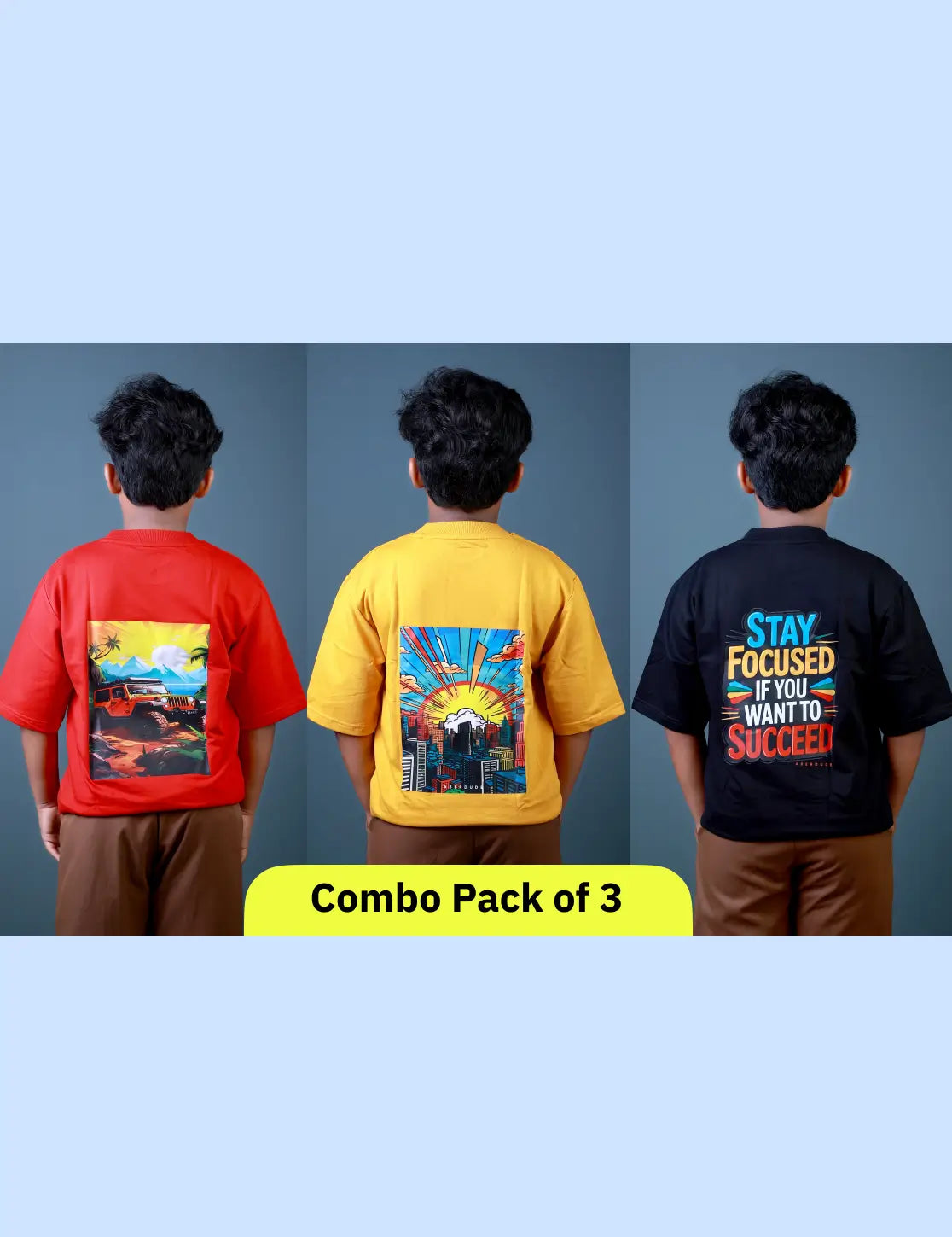 Boys (6–10 Years) Combo Pack of 3 Five Sleeve T-Shirts – Red “SUN RISE”, Yellow “NEW YORK”, and Black “STAY FOCUSED” Prints – Lubnet Cotton – 240-250 GSM