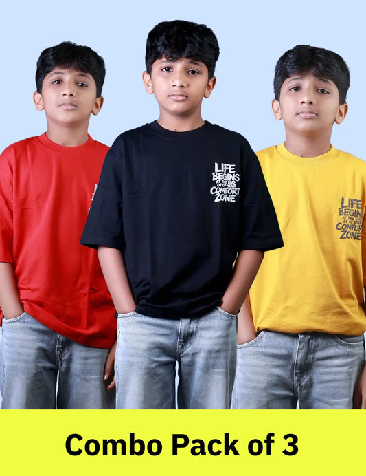 Boys (12–16 Years) Combo Pack of 3 Five Sleeve T-Shirts – Red, Black & Mustard Yellow Colours – Lubnet Cotton – 240–250 GSM