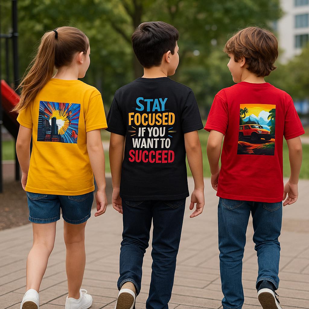 Kids 3-Piece T-Shirt Combo – Yellow, Black, Brick Red | Lubnet Cotton, 240-250 GSM | Ages 6-10
