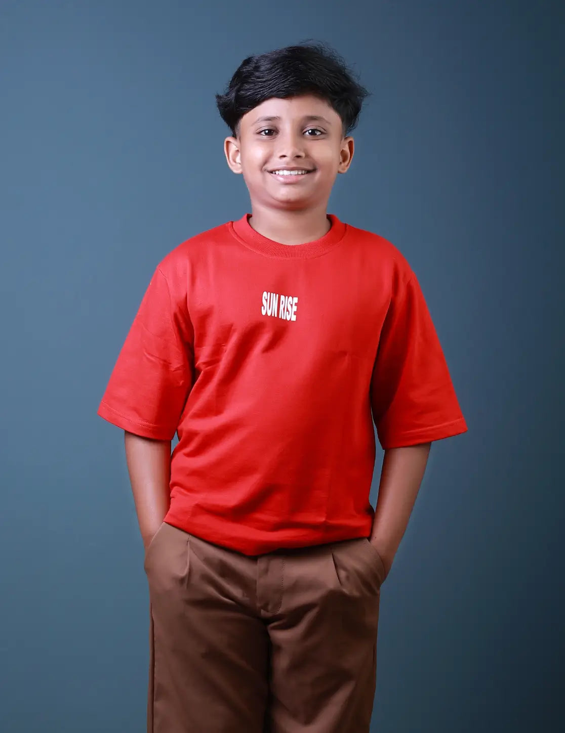 Boys (6-10 Years) Five Sleeve T-Shirt – Red Colour “SUN RISE” Print – Lubnet Cotton – 240-250 GSM