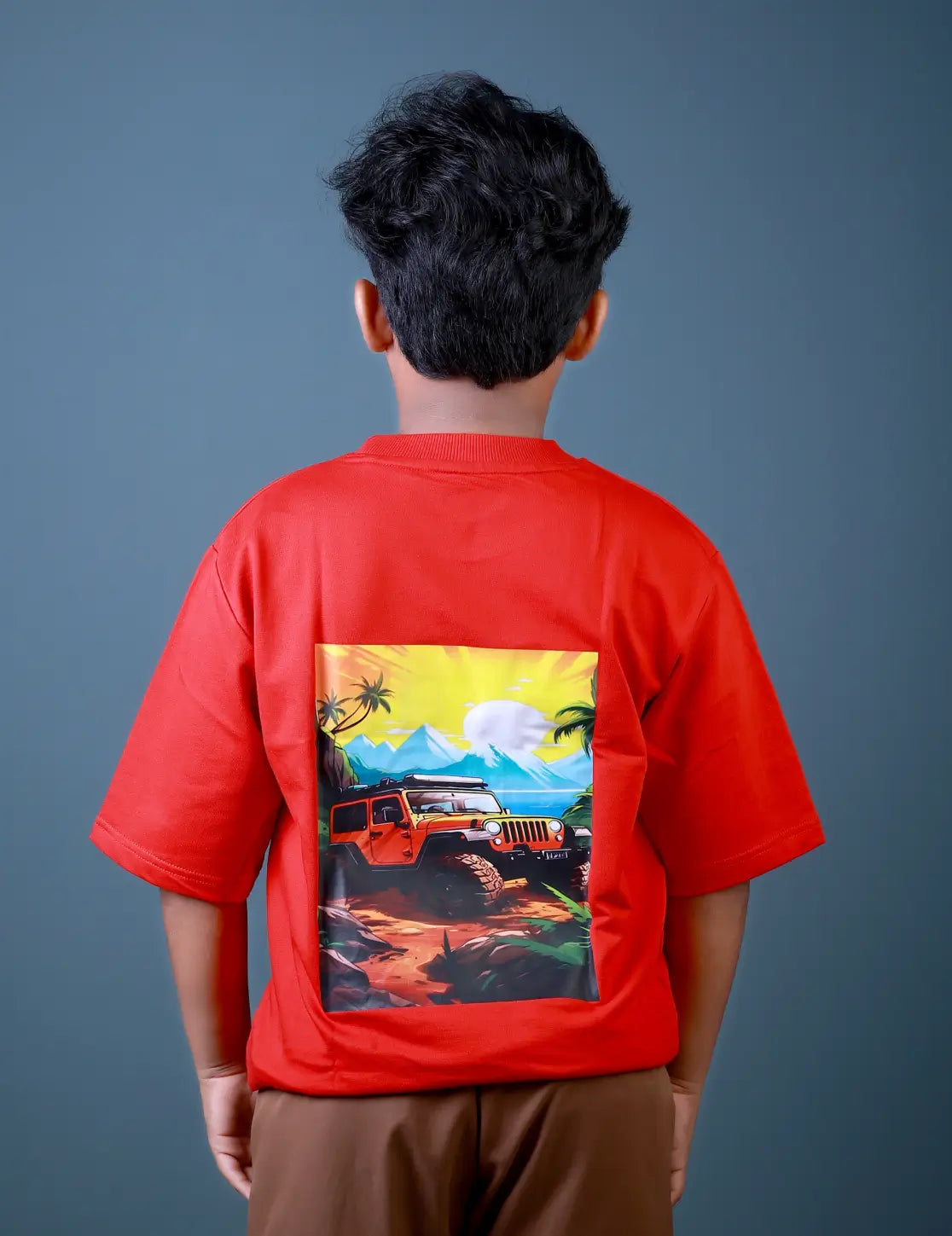 Boys (6-10 Years) Five Sleeve T-Shirt – Red Colour “SUN RISE” Print – Lubnet Cotton – 240-250 GSM