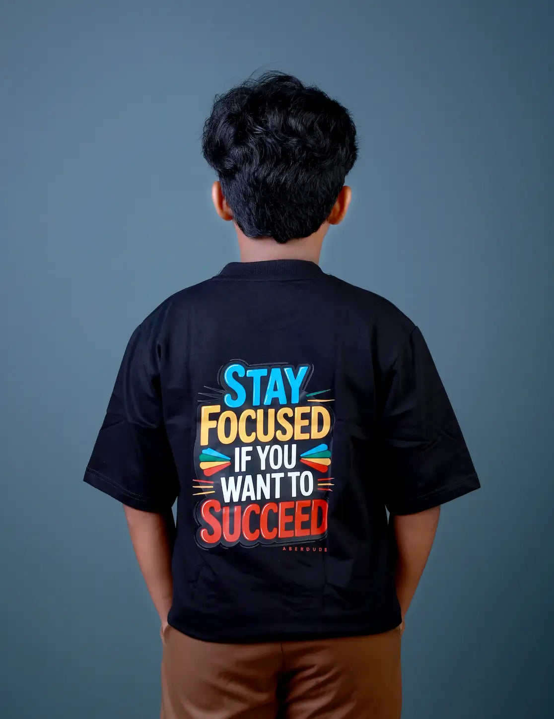 Boys (6–10 Years) Five Sleeve T-Shirt – Black Colour “STAY FOCUSED” Print – Lubnet Cotton – 240-250 GSM