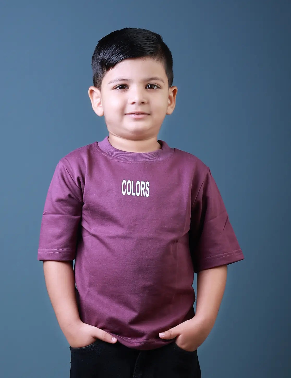 Kids (1–5 Years) Five Sleeve T-Shirt – Brick Red Colour “COLORS” Print – Lubnet Cotton – 240-250 GSM