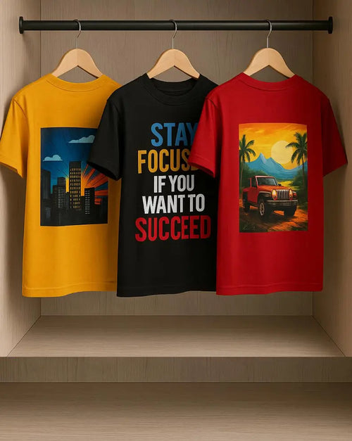 Kids 3-Piece T-Shirt Combo – Yellow, Black, Brick Red | Lubnet Cotton, 240-250 GSM | Ages 6-10