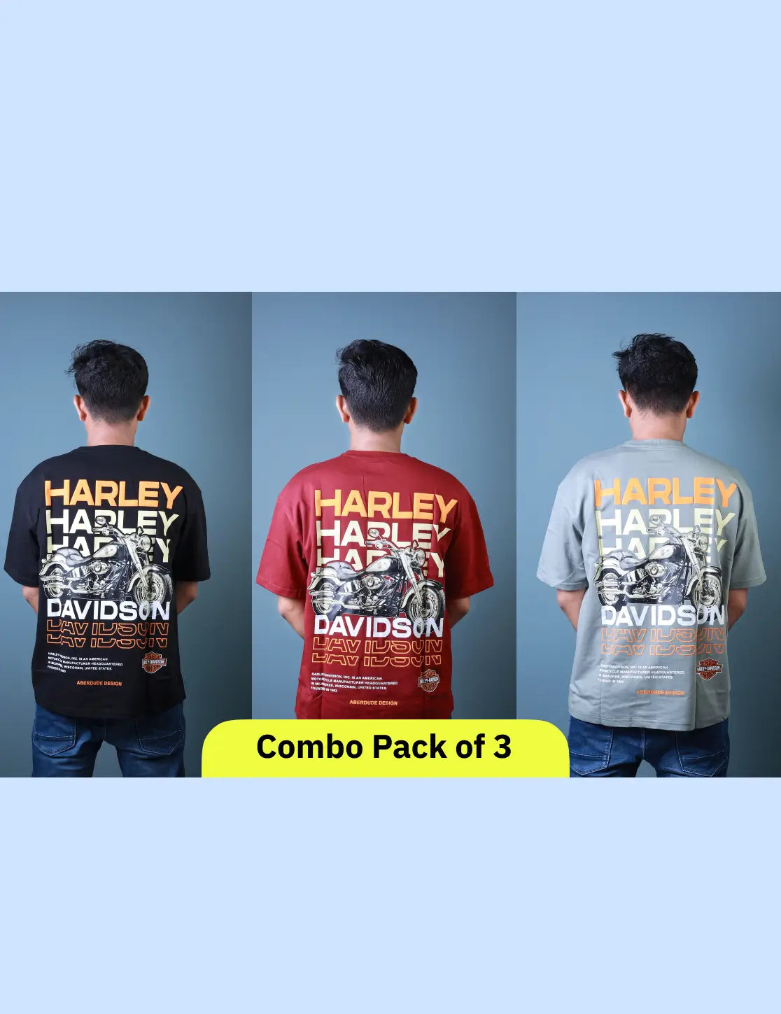Harley Davidson Printed Oversized Men’s T-Shirt Combo Pack of 3 – Lubnet Cotton – 260-270 GSM