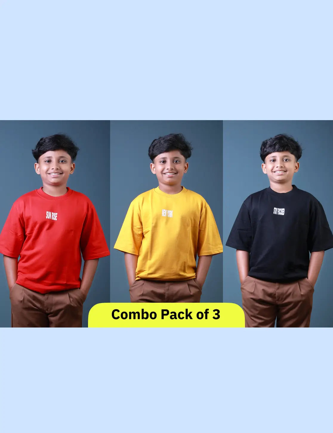 Boys (6–10 Years) Combo Pack of 3 Five Sleeve T-Shirts – Red “SUN RISE”, Yellow “NEW YORK”, and Black “STAY FOCUSED” Prints – Lubnet Cotton – 240-250 GSM