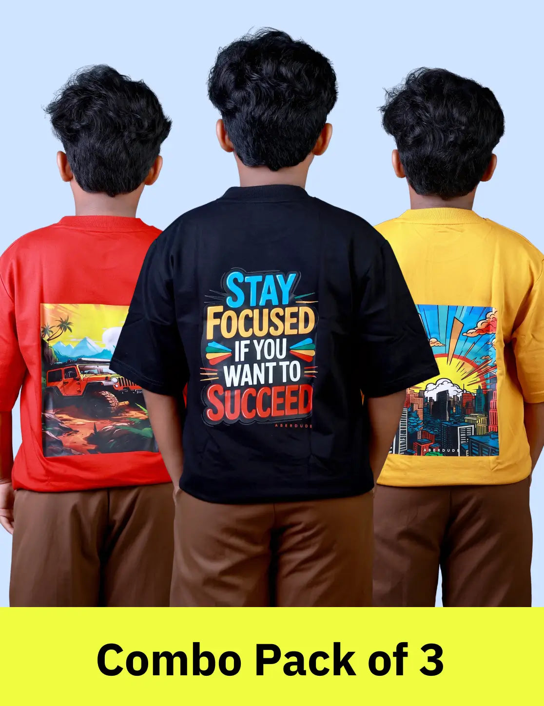 Boys (6–10 Years) Combo Pack of 3 Five Sleeve T-Shirts – Red “SUN RISE”, Yellow “NEW YORK”, and Black “STAY FOCUSED” Prints – Lubnet Cotton – 240-250 GSM