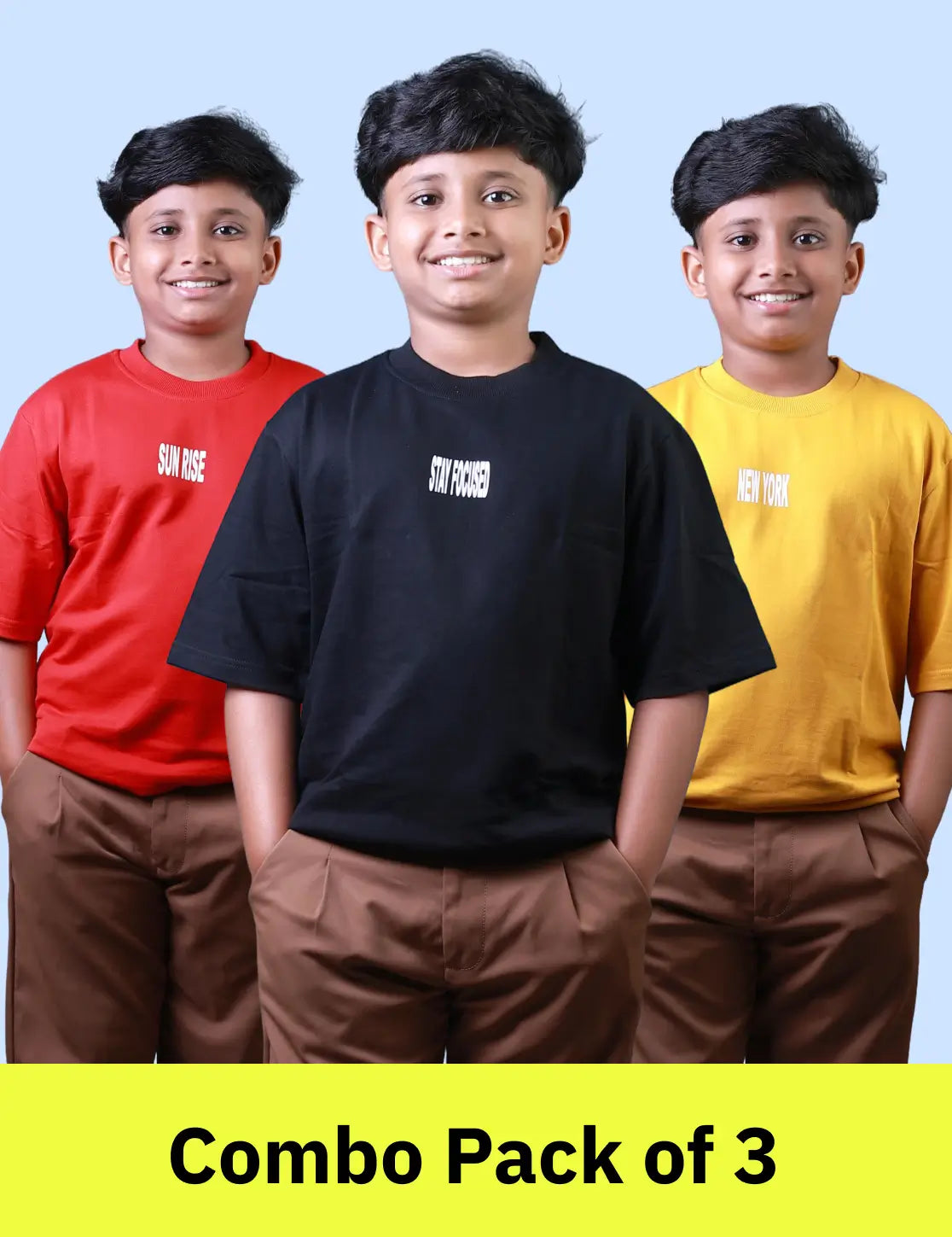 Boys (6–10 Years) Combo Pack of 3 Five Sleeve T-Shirts – Red “SUN RISE”, Yellow “NEW YORK”, and Black “STAY FOCUSED” Prints – Lubnet Cotton – 240-250 GSM