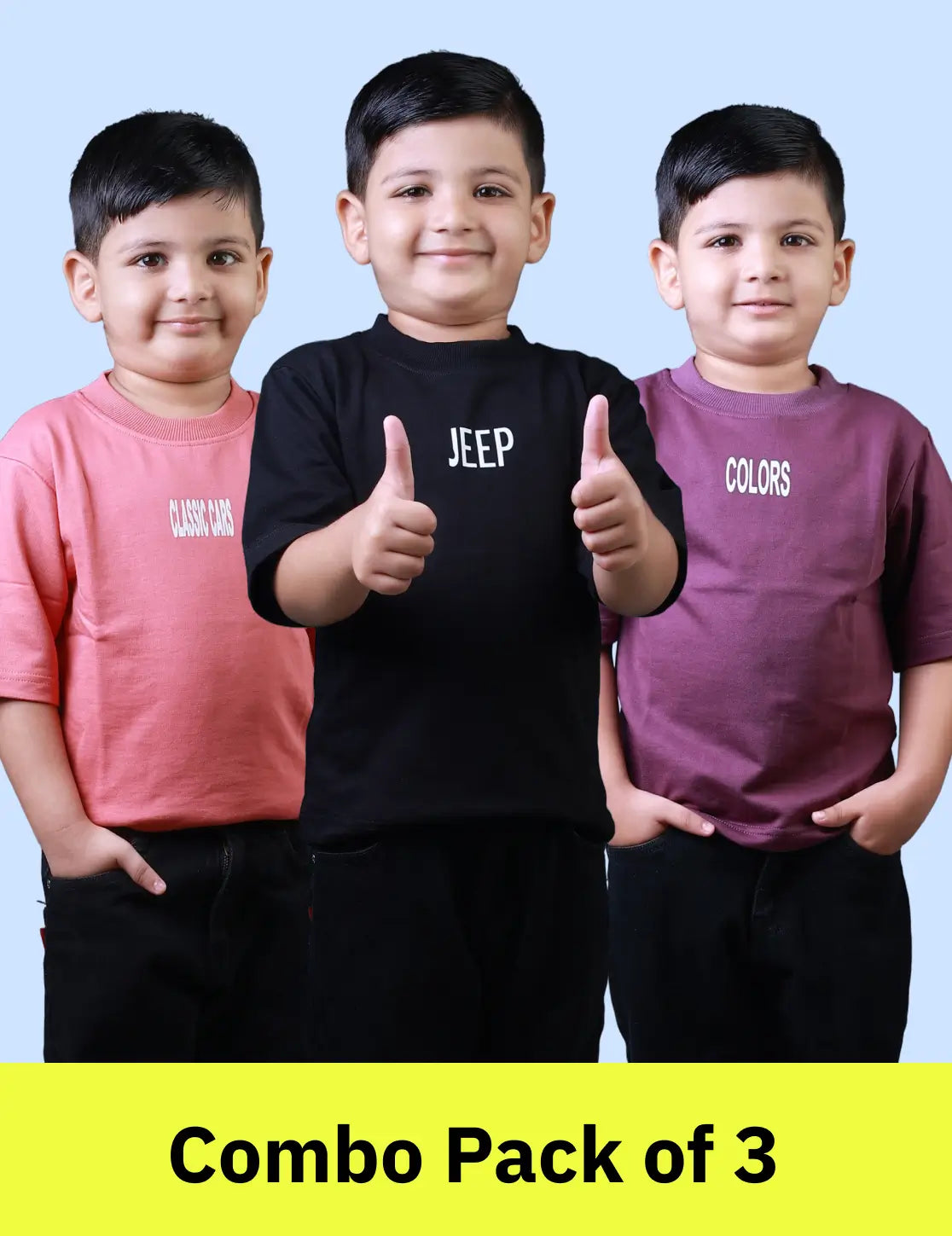 Kids (1–5 Years) Combo Pack of 3 Five Sleeve T-Shirts – Cherry, Brick Red & Black Colours – Lubnet Cotton – 240–250 GSM