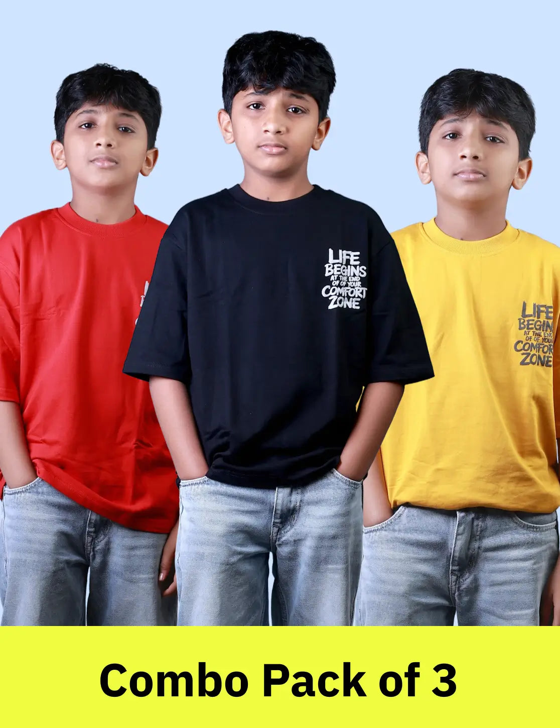 Boys (12–16 Years) Combo Pack of 3 Five Sleeve T-Shirts – Red, Black & Mustard Yellow Colours – Lubnet Cotton – 240–250 GSM