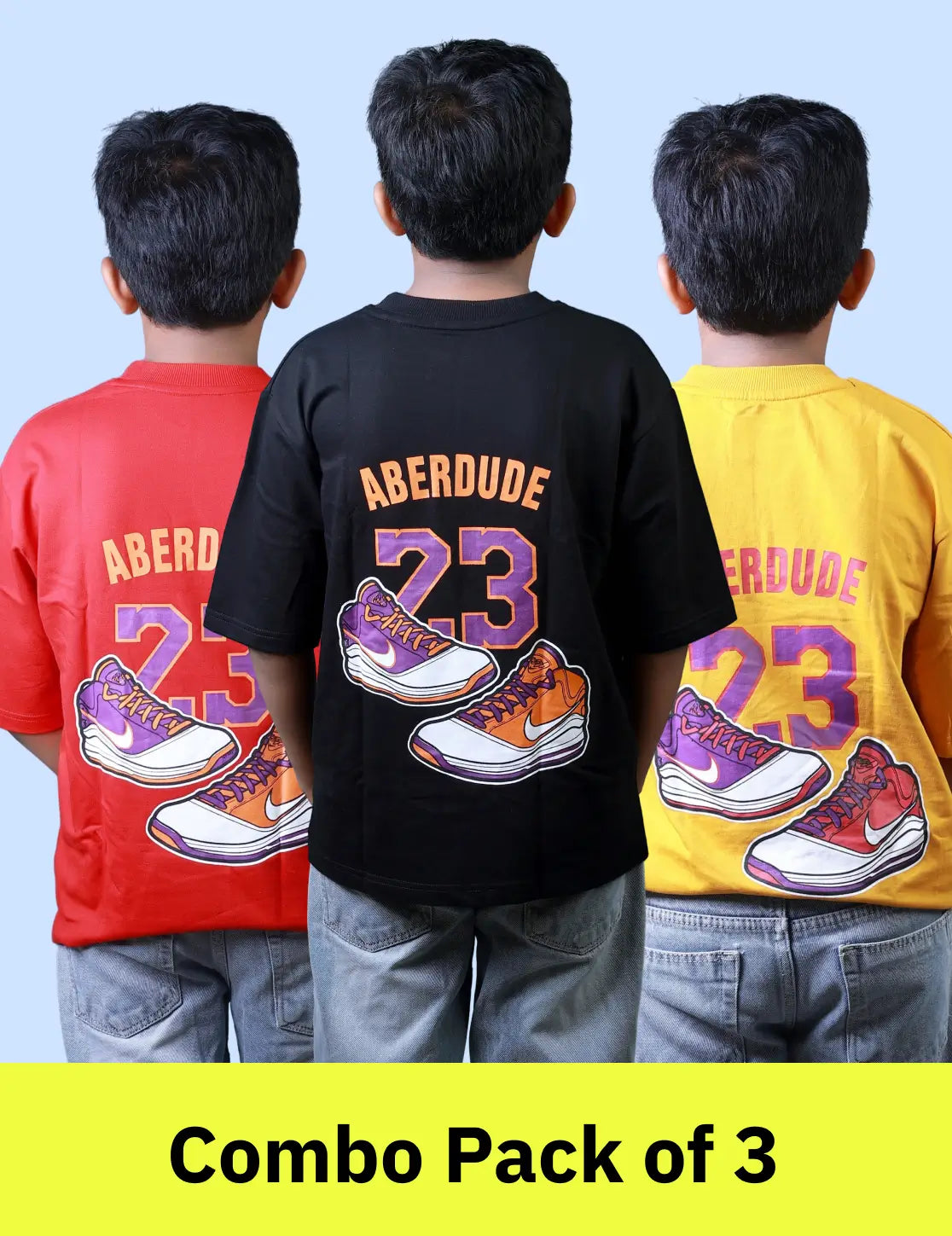 Boys (12–16 Years) Combo Pack of 3 Five Sleeve T-Shirts – Red, Black & Mustard Yellow Colours – Lubnet Cotton – 240–250 GSM