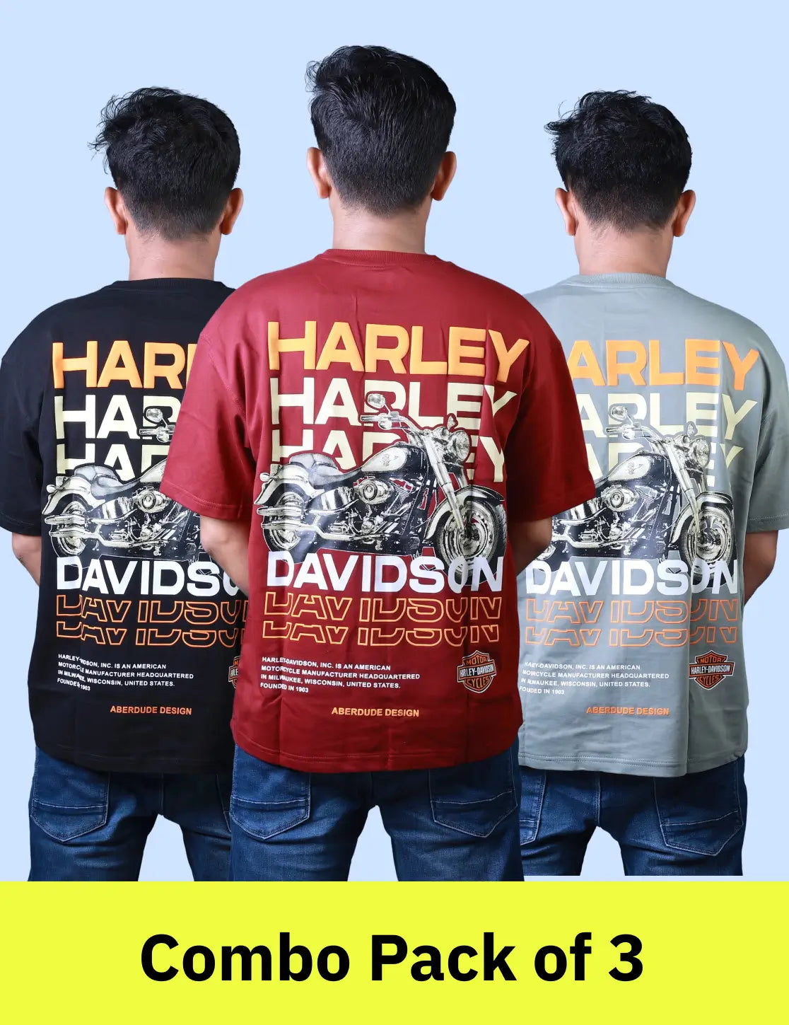 Harley Davidson Printed Oversized Men’s T-Shirt Combo Pack of 3 – Lubnet Cotton – 260-270 GSM